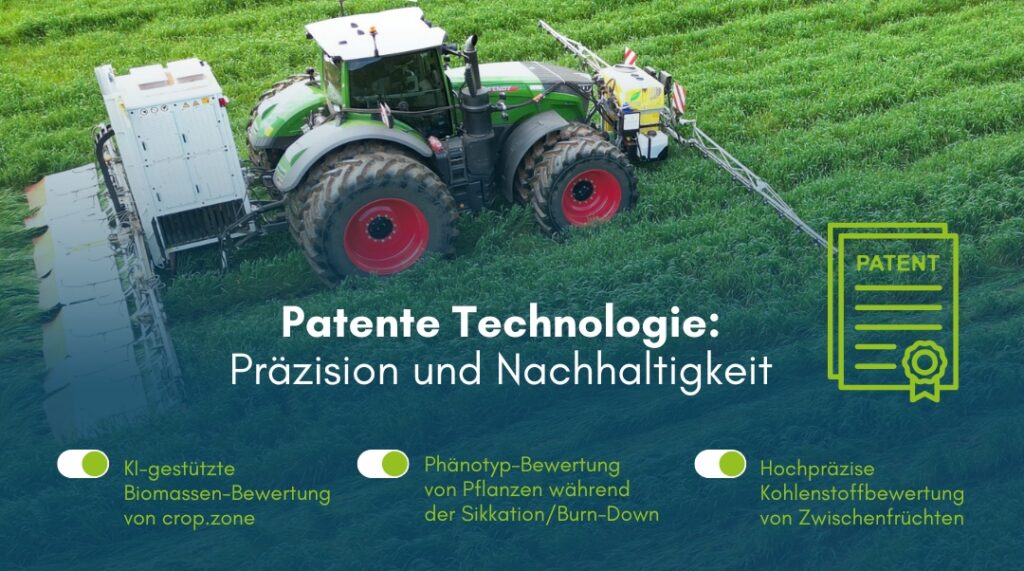 Traktor ausgestattet mit der patentierten Technologie von crop.zone zur Biomassen-Bewertung, Kohlenstoffanalyse und effizienten Sikkation – ein Highlight der Nachhaltigkeit in der Landwirtschaft