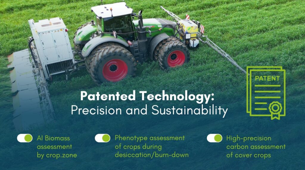 Tractor equipped with crop.zone's patented technology for biomass assessment, carbon analysis, and efficient desiccation, highlighting sustainability in agriculture.